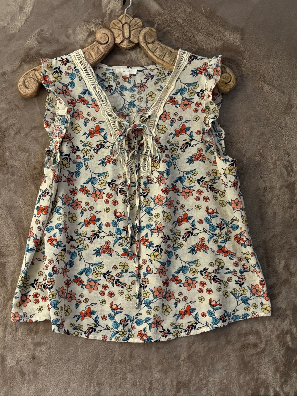 mine Floral Tie-Front Lace-Trim Tank Top Women’s Cream, Blue, Orange Size L